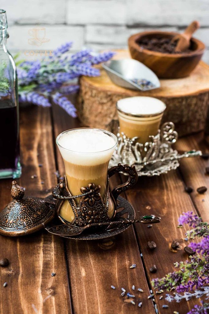 Soothing lavender latte in gorgeous medieval cup.