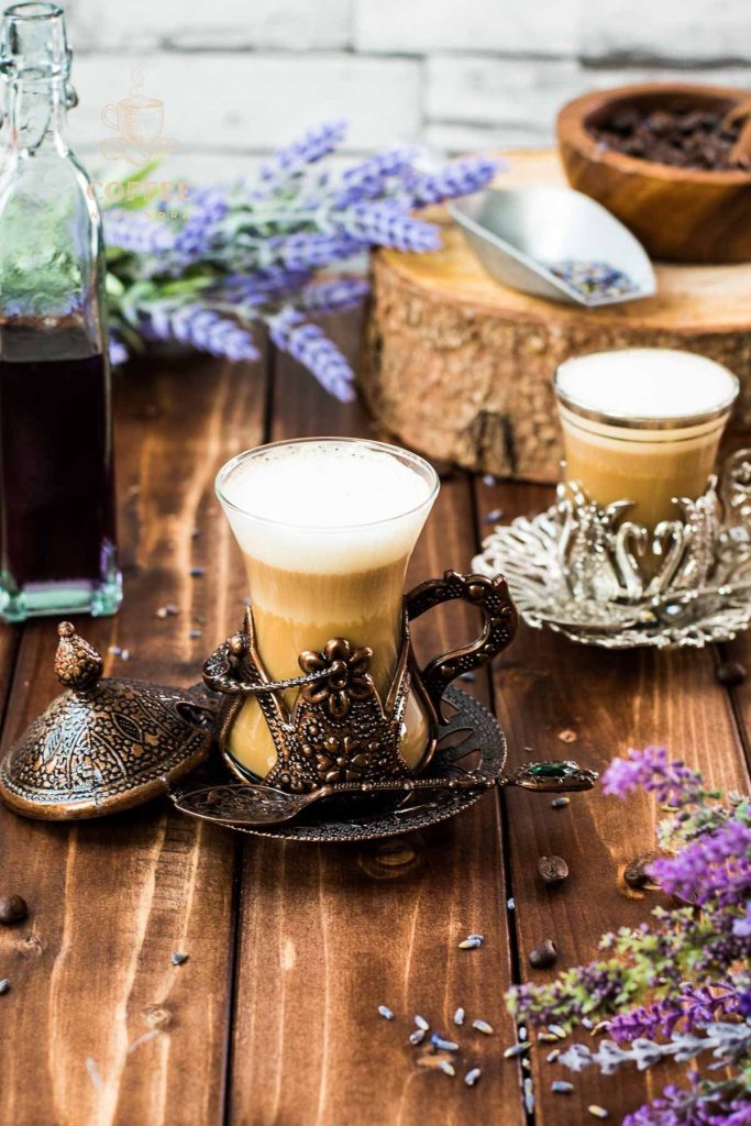 Soothing lavender latte in gorgeous medieval cup.