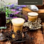 Soothing lavender latte in gorgeous medieval cup.