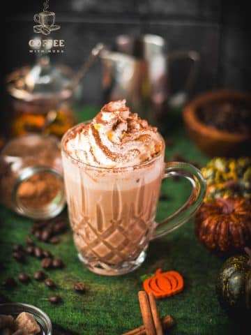 Coffee glass filled with delicious pumpkin spiced latte, garnished with whipped cream and dusted with a cocoa cinnamon mix. Placed on green felt.