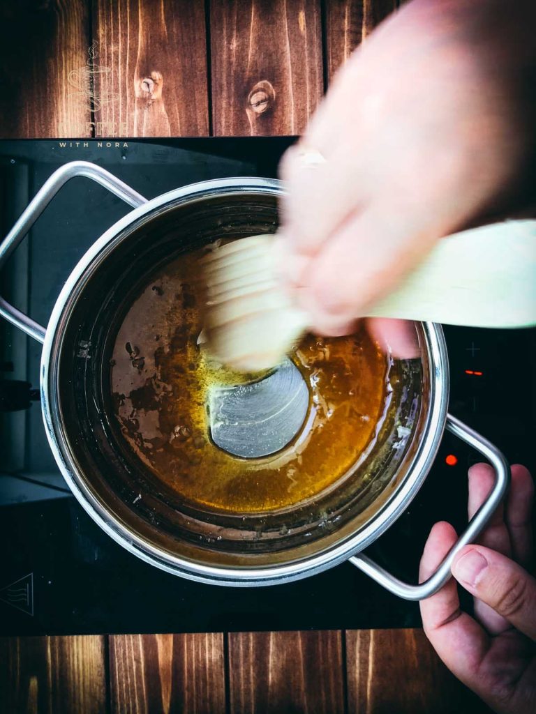 Caramelize the sugar. Make sure that it does not get too dark!