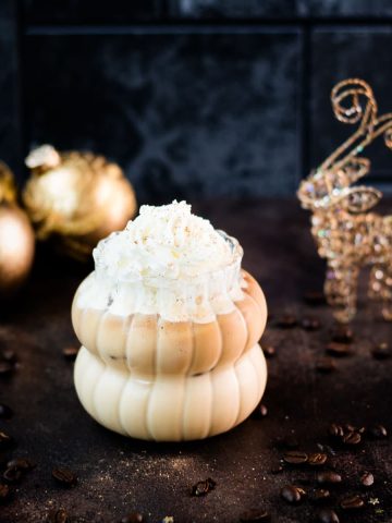 Gorgeous iced eggnog latte, topped with whipped cream and dusted with nutmeg. So festive.