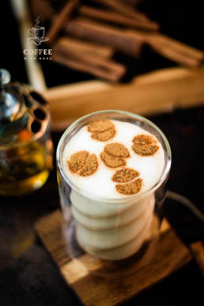 Gorgeous and soothing cinnamon honey latte, with frothed honey milk and beautiful cinnamon dusting on top.