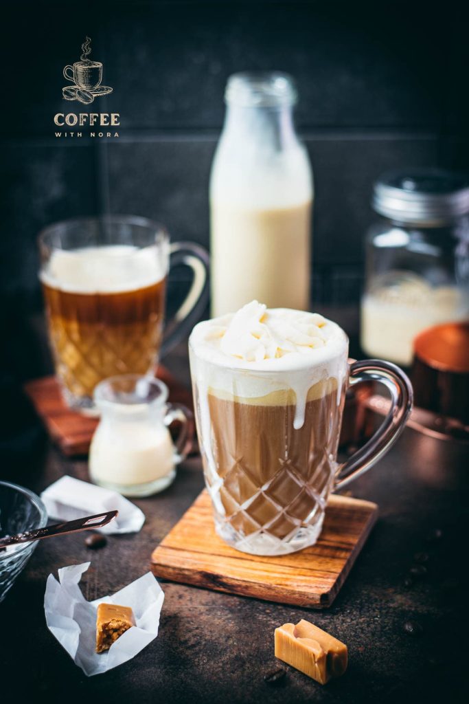 Glass filled with delicious salted caramel coffee, topped with sinful whipped cream.