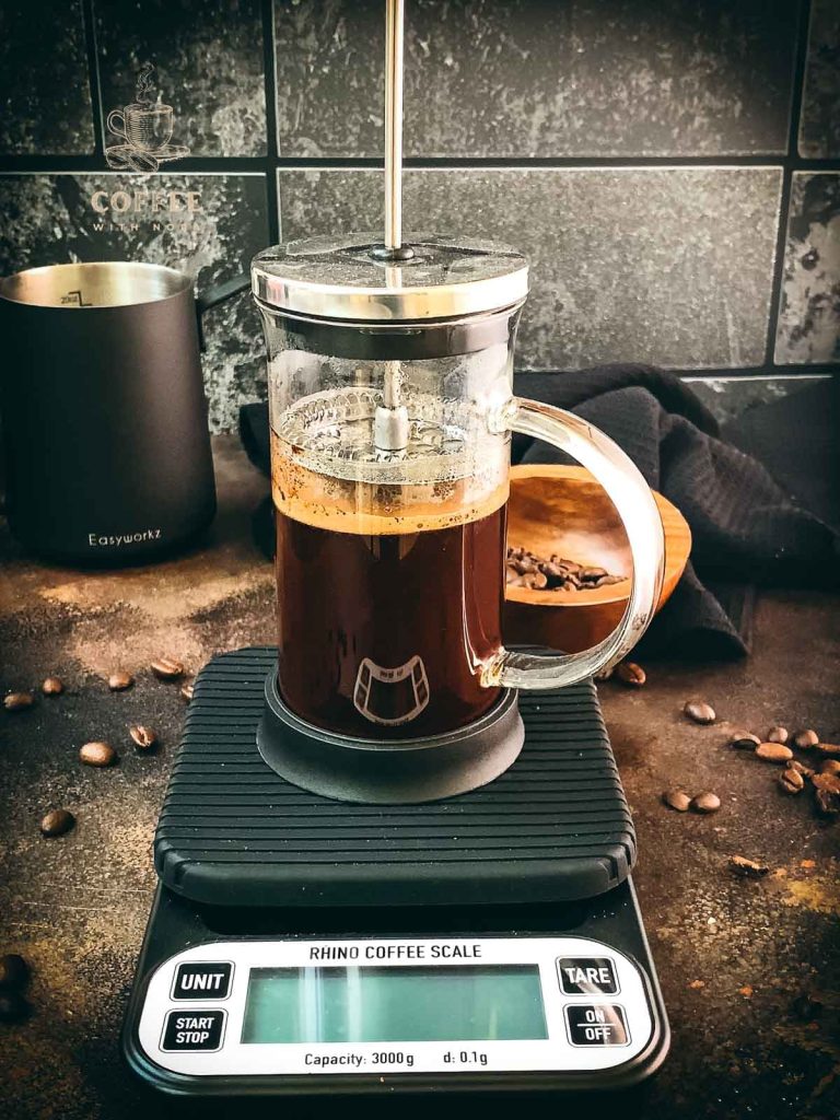 Allow the French press coffee to infuse for up to 8 minutes with the plunger in place.