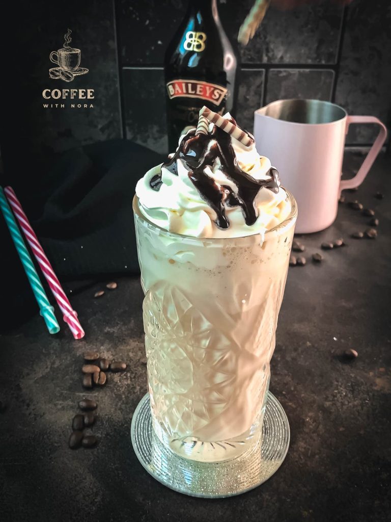 Add chocolate zebra rolls on top of the Baileys iced coffee.