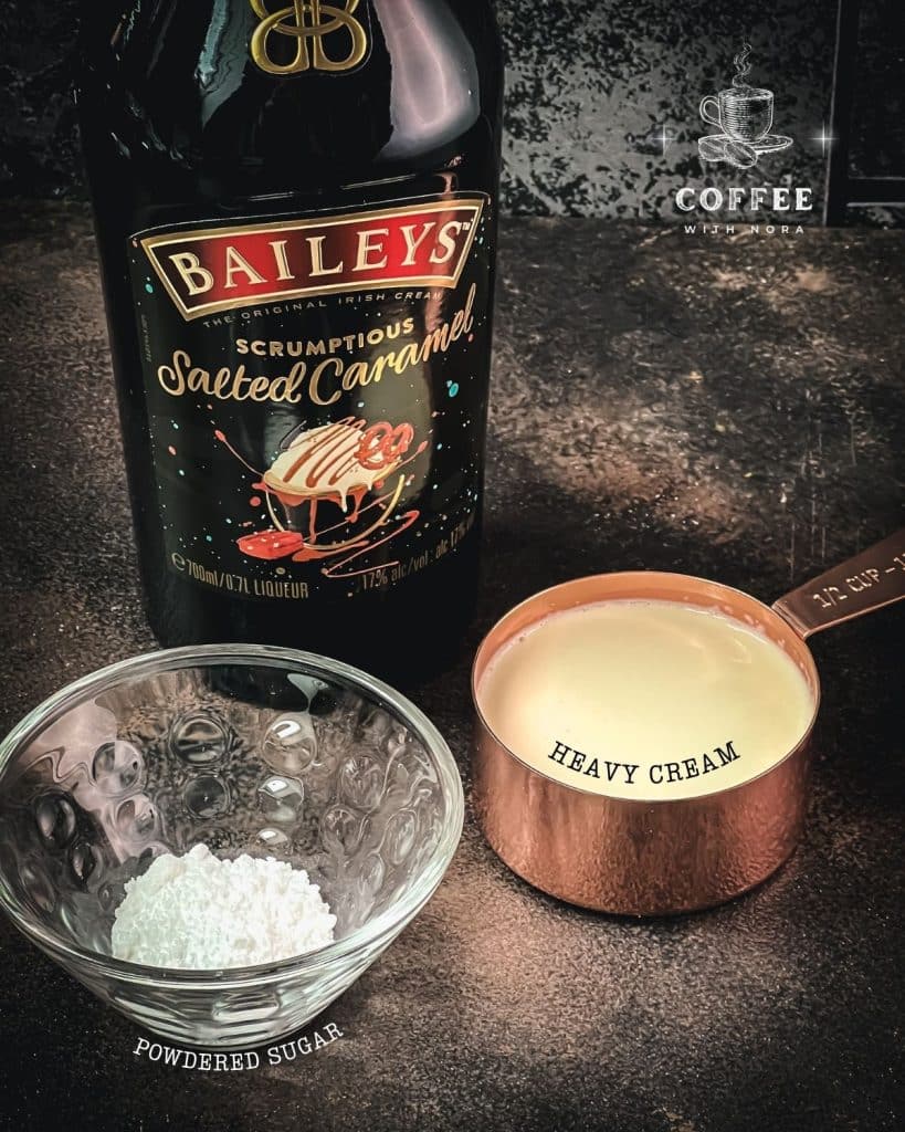 Only three ingredients are required for making Baileys flavored whipped cream. Powdered, sugar, heavy cream, Baileys (Salted Caramel).