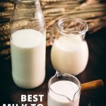 A bottle, a jug and a small container filled with different types of milk. Placed on a dark ground.