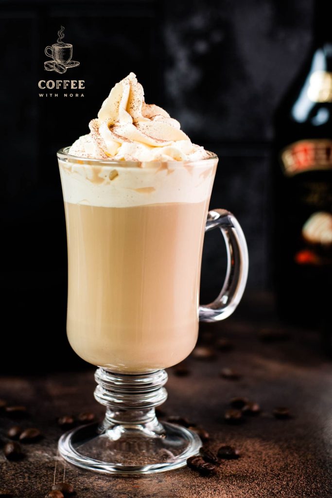 Gorgeous glass filled with scrumptious Bailey's coffee, topped with whipped cream and dusted with cocoa. Placed on dark ground in front of an Salted Baileys Caramel bottle.