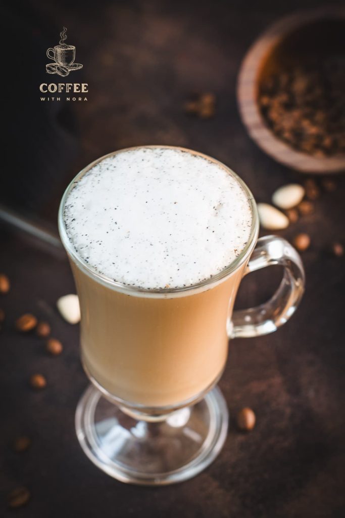 Gorgeous coffee glass, filled with delicious vanilla coffee.