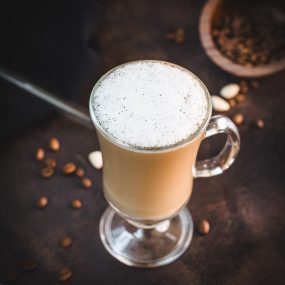 Gorgeous coffee glass, filled with delicious vanilla coffee.