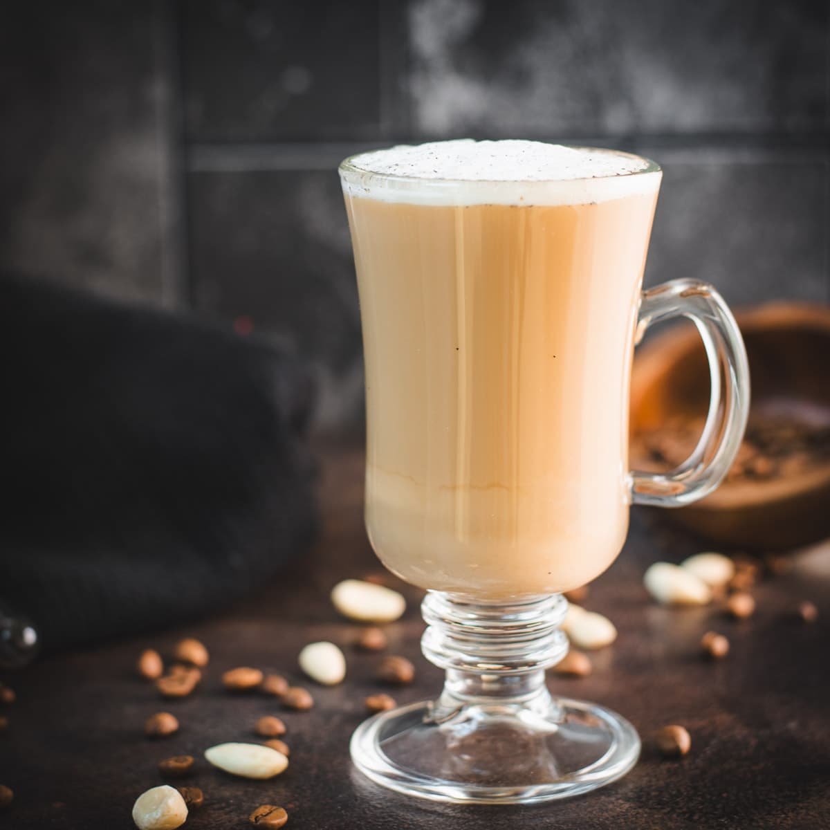 Gorgeous coffee glass, filled with delicious vanilla coffee.