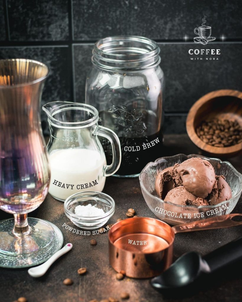 Ingredients for iced chocolate coffee: chocolate ice cream, cold brew, water, powdered sugar, heavy cream.