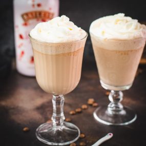 Delicious strawberry iced coffee in beautiful serving glasses.