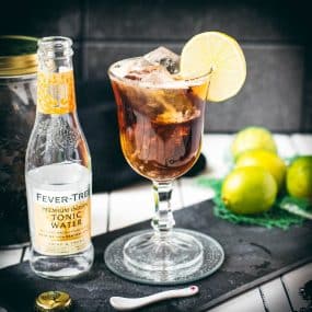 Gorgeous cold brew tonic, served in a wine glass.