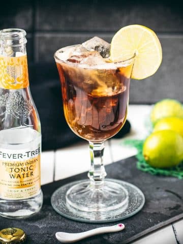 Gorgeous cold brew tonic, served in a wine glass.