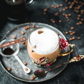 Gorgeous butterfly glass filled with delicious French press vanilla iced coffee. A feast for the eyes and the palate!