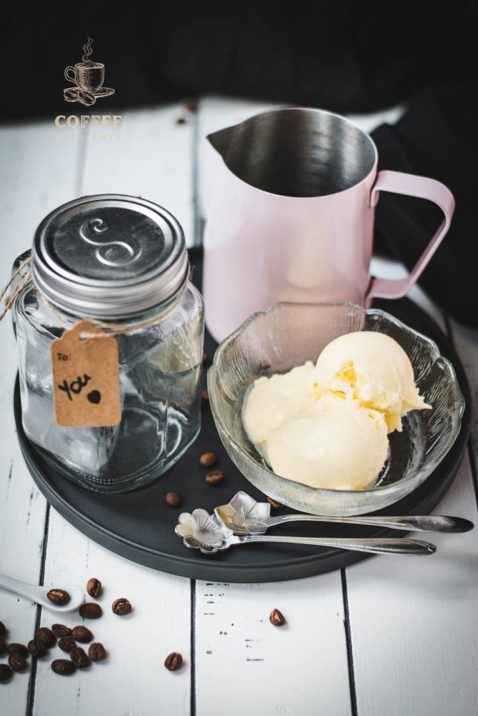 Ingredients iced vanilla coffee - strong, cold coffee and vanilla ice cream.