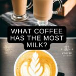 Cappuccino and almond milk latte image with the question: "What coffee has the most milk?"