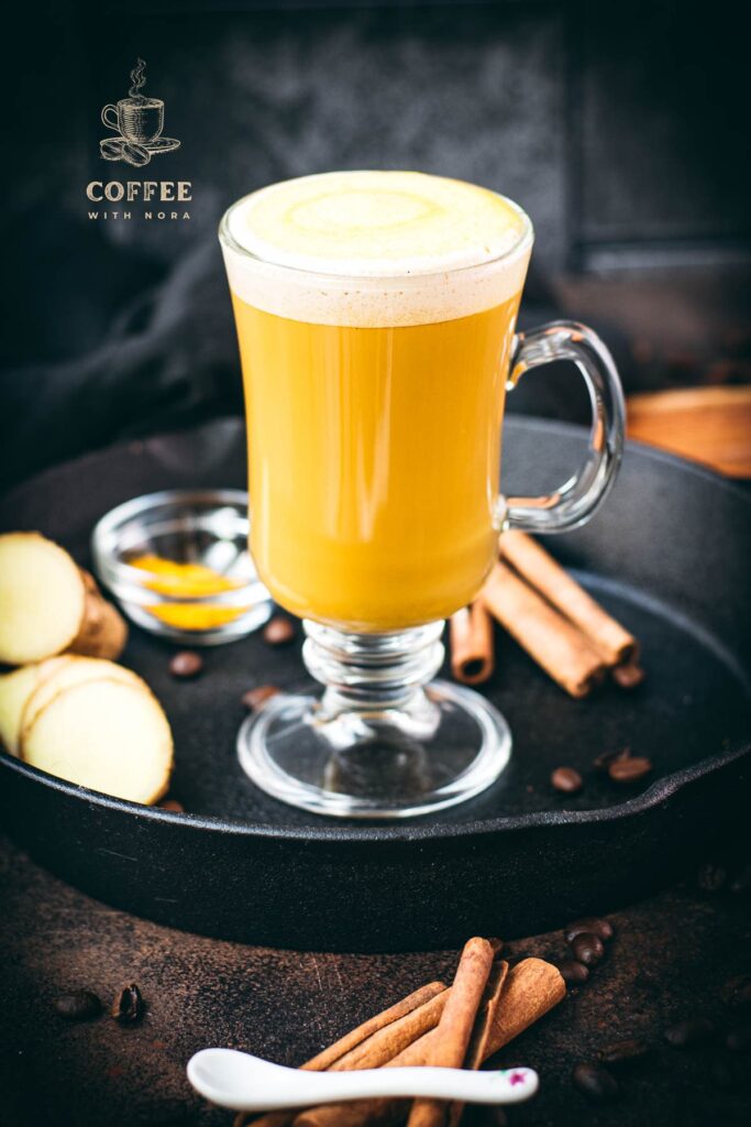 Gorgeous golden turmeric milk coffee. Made with homemade turmeric milk.