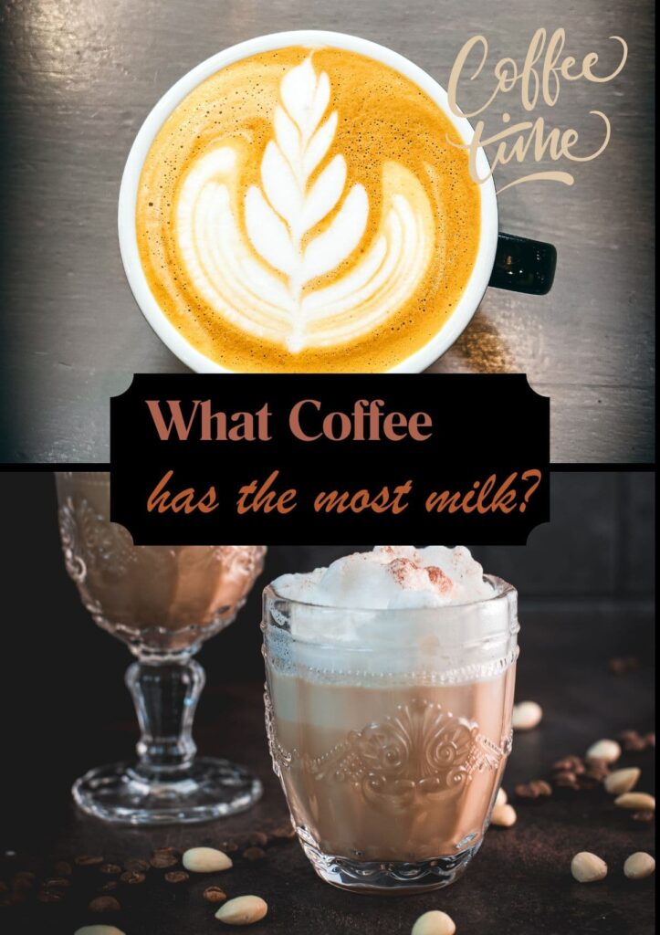 Cappuccino and almond milk latte image with the question: "What coffee has the most milk?"