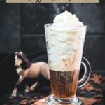 Beautiful tall glass filled with strong coffee and topped with whipped cream. Placed on brown coasters and pretty horse in the background. The Einspänner, a Viennese classic!