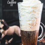 Beautiful tall glass filled with strong coffee and topped with whipped cream. Placed on brown coasters and pretty horse in the background. The Einspänner, a Viennese classic!