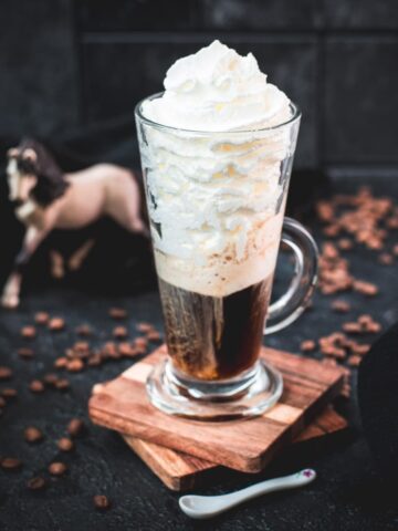 Beautiful tall glass filled with strong coffee and topped with whipped cream. Placed on brown coasters and pretty horse in the background. The Einspänner, a Viennese classic!