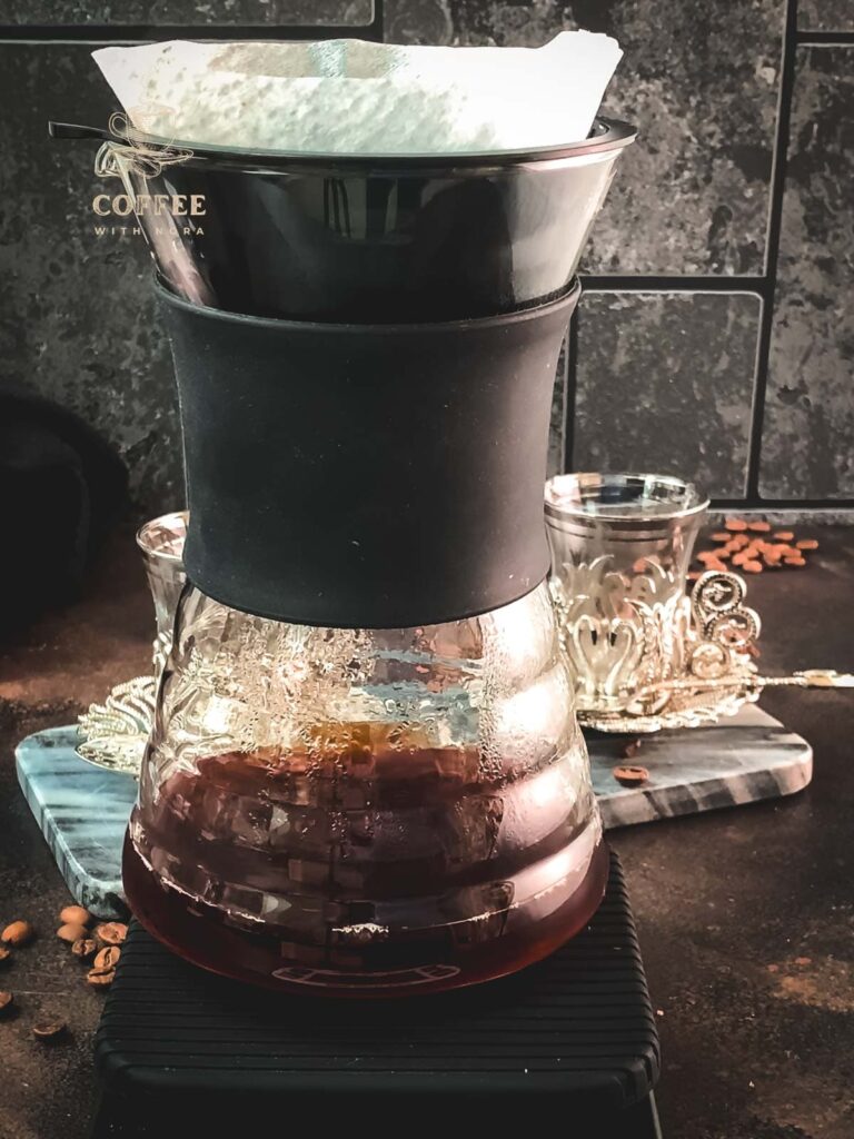 Hario V60 coffee dripper on coffee scale