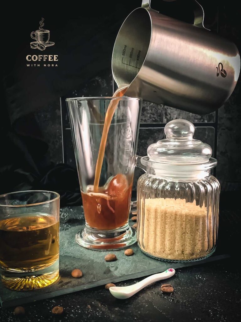 Pour your freshly brewed coffee into the serving glass.