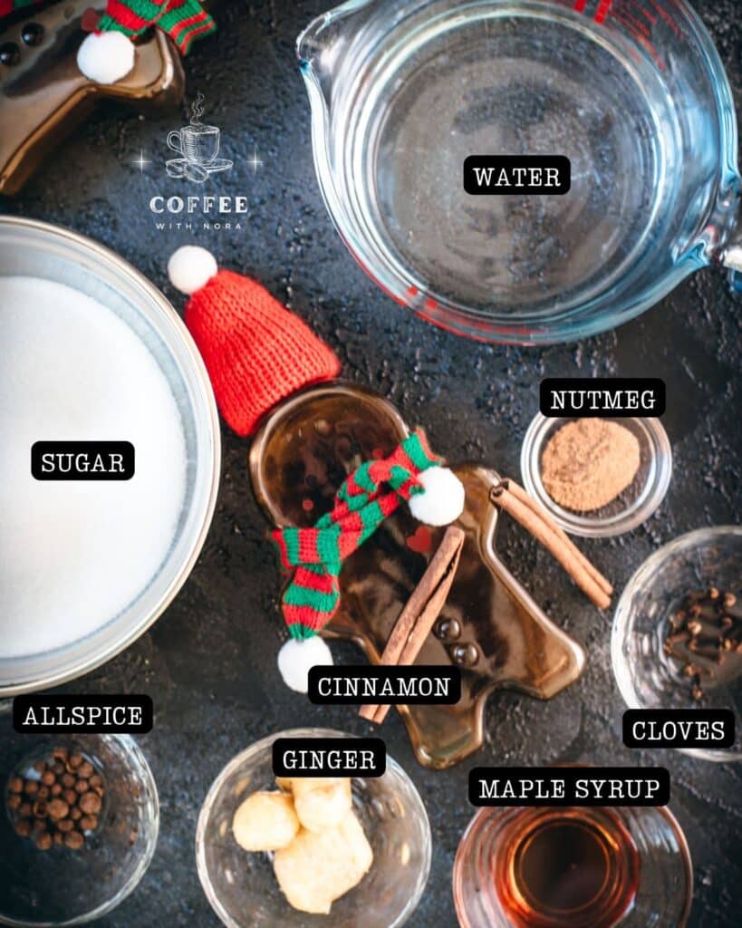 Ingredients gingerbread simple syrup - sugar, water, nutmeg, cinnamon, cloves, maple syrup, ginger, and allspice.