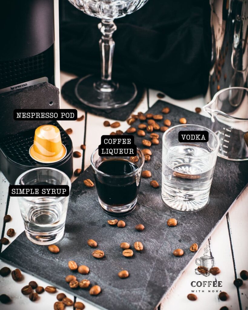 Ingredients Nespresso Martini - Nespresso coffee, simple syrup, coffee liqueur, vodka, cubed ice.