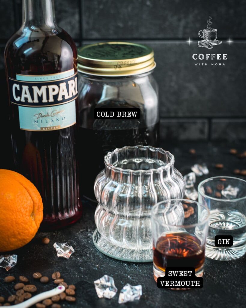 Ingredients cold brew negroni - campari, homemade cold brew, sweet vermouth, and gin.