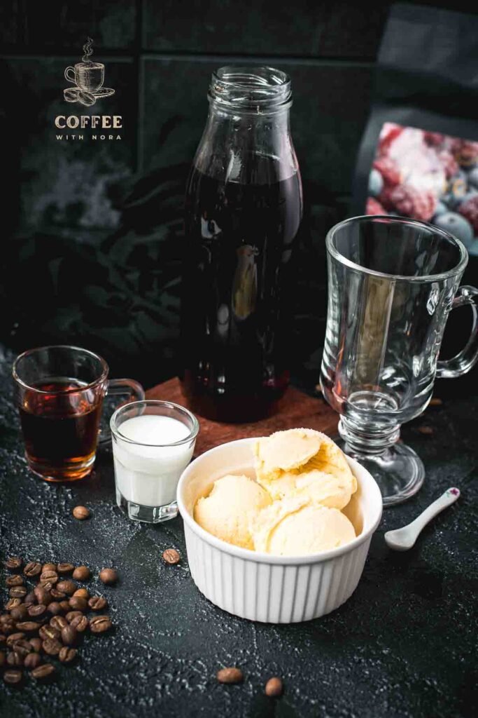 Affogato milkshake ingredients - vanilla ice cream, milk, homemade coffee syrup.