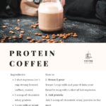 Hot protein coffee in a simple glass jar, surrounded by scattered coffee beans on a dark background. A bag of whey protein is visible in the background.